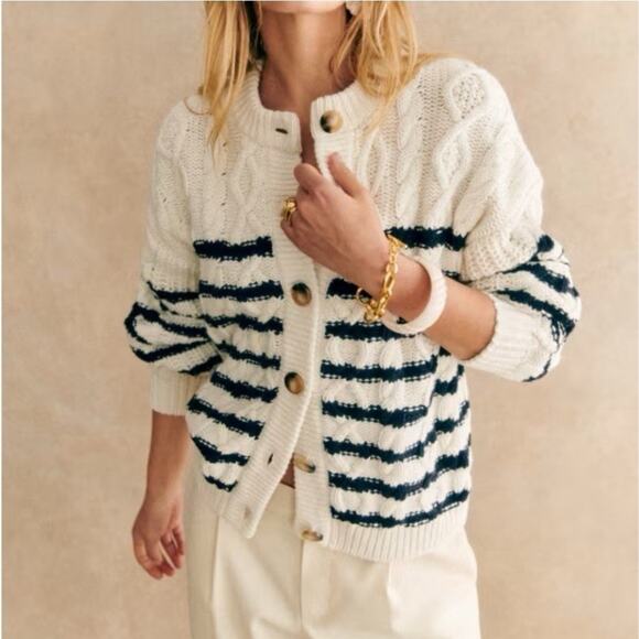 Sezane Sean Cardigan Knitted White And Navy Size XSmall - Picture 1 of 9
